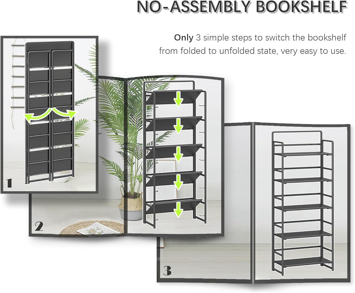 4NM No Assembly 5 Tiers Folding Bookshelf Storage Shelves Vintage Bookcase Standing Racks Study Organizer Home Office (All Black)
