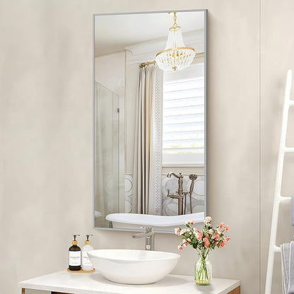 48x24In Silver Bathroom Mirror for Wall, Brushed Nickel Rectangle Mirrors