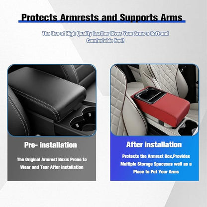 Car Center Console Armrest Pillow, Vehicle Armrest Seat Box Cushion Pad with Cup Holder & Phone Holder, Comfortable Auto Middle Console Cover, Universal for SUV RV Truck (Wine Red)