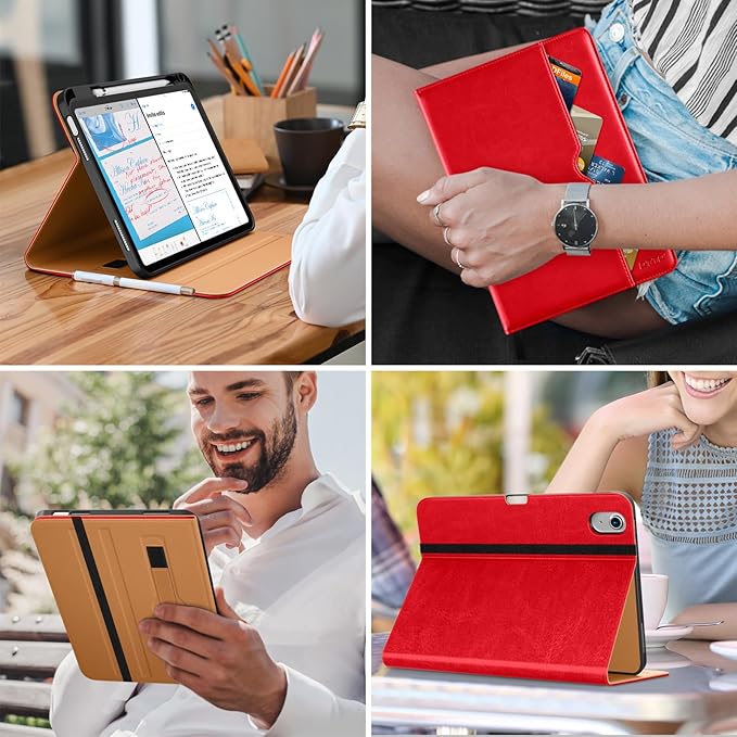 DTTO for iPad (A16) 11th Generation Case 11 Inch 2025, iPad 10th Generation Case 10.9 Inch 2022, Premium Leather Business Folio Stand Cover with Pencil Holder - Auto Wake/Sleep, Bright Red