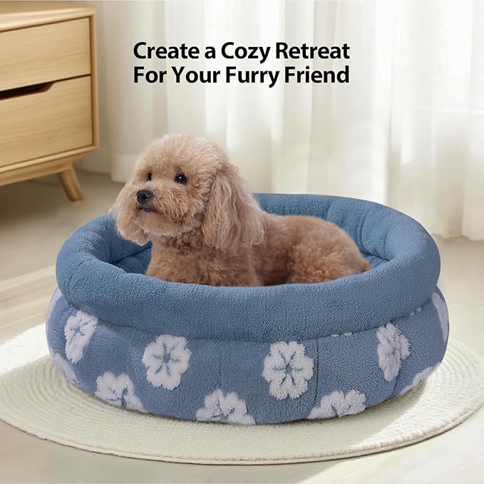 BALANCE Cat Beds for Indoor Cats, Washable Round Cat Bed, Cute 3D Flower Kitten Bed with Anti-Slip Bottom for Puppy and Kitten, 23 Inches, Blue