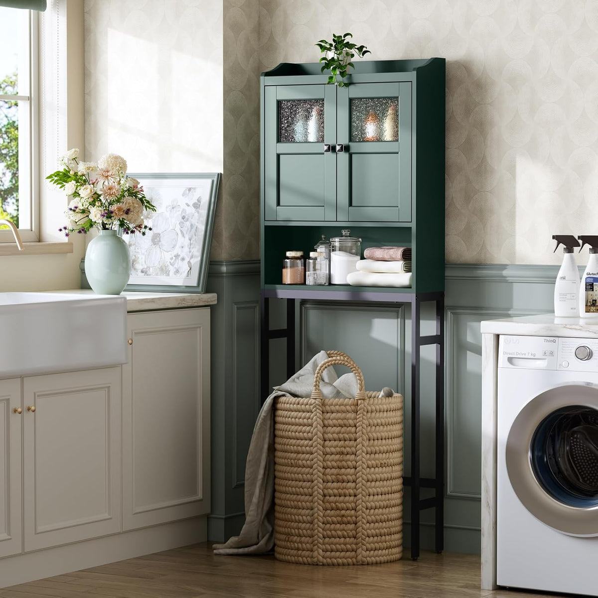 Over The Toilet Storage, Bathroom Over The Toilet Organizer, Above Toilet Storage with Double Doors and Soft Hinges Over Toilet Storage Shelf Over The Toilet Storage Cabinet (Forest Green)