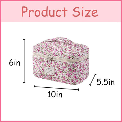 uekeboag Large Travel Quilted Makeup Bag for Women, Floral Cotton Cosmetic Bag, Coquette Aesthetic Floral Toiletry Organizer Bag