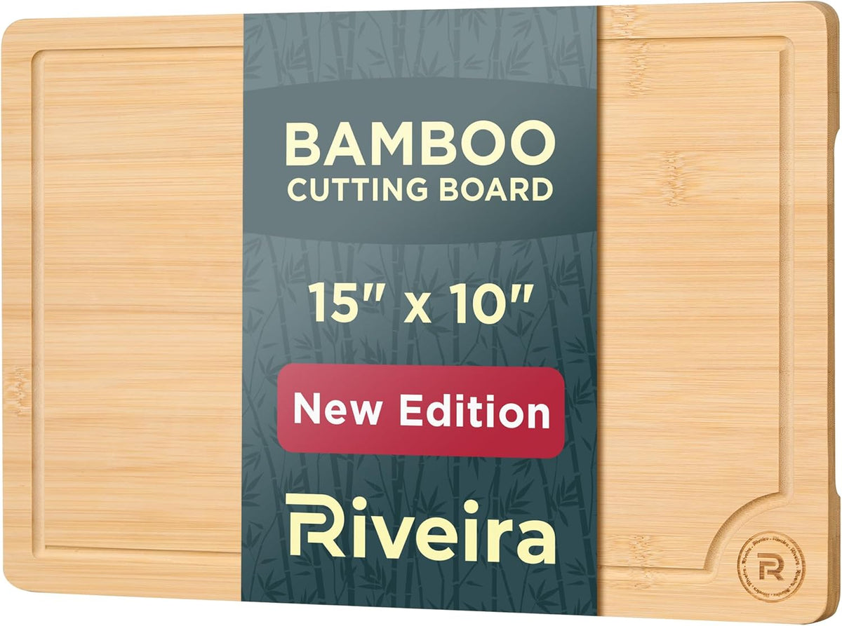 Riveira Wood Cutting Board – Gourmet Bamboo Grandeur: 15 x 10 Inches Wooden Cutting Boards For Kitchen – Natural Cutting Boards For Kitchen – Innovative Juice Grooves Non Toxic Cutting Board