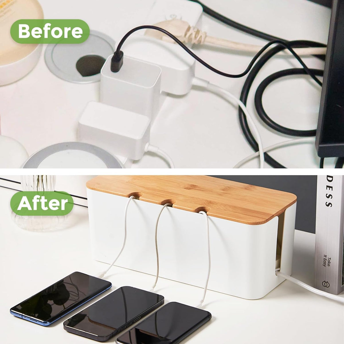 Cable Management Box 2 Pack, Cord Cable Organizer Box with Bamboo Lid, Under Desk Cable Management with 10 Cable Ties and 2 Cable Clip Holders for TV Router Computer USB Hub