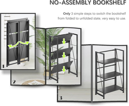 4NM No Assembly Folding Bookshelf Storage Shelves 3 Tiers Vintage Bookcase Standing Racks Study Organizer Home Office (All Black)