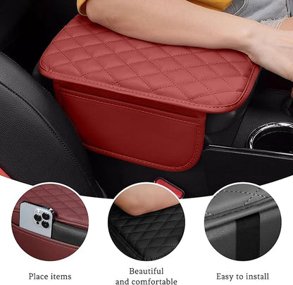 Car Center Console Cover, Universal Center Console Protector Pad with Soft Microfiber Leather & 2 Storage Pockets, Non-Slip Cushion for Car SUV Truck Interior Accessories (Red)