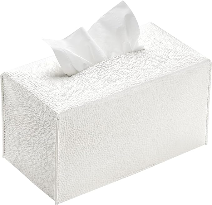 REGELETO Rectangular Tissue Box Cover, Pu Leather Rectangle Tissue Box Holder with Bottom Belt Modern Stylish Tissue Box Organizer for Home, Car, Hotel, Office 9.5"X5"X5" (Off-White)