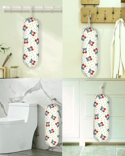 Plastic Bag Holder, Grocery Bag Organizer - 1 Pack Cute Kitchen Dispenser Holders Reusable Shopping Western Hanging Wall with Adjustment Drawstring Closure for Women Home, Cherry