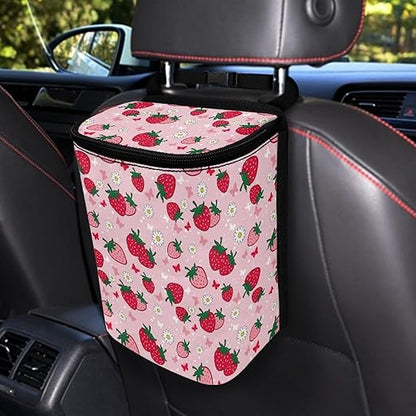 KEIAHUAN Pink Strawberry Car Trash Can Hanging Cute Detachable Garbage Bag for Back Seat Foldable Multipurpose Trash Bin Container Storage Suitable for Sedans, SUVs, Vans