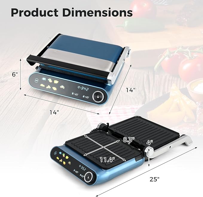 7-In-1 Sandwich Maker with LED Touch Panel & No-Stick Plates, Electric Panini