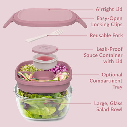 Bentgo Glass All-in-One Salad Container - Large 61-oz Salad Bowl with Lid, 4-Compartment Bento-Style Tray, 3-oz Sauce Container, and Reusable Fork - Dishwasher, Microwave, and Oven Safe (Rose)