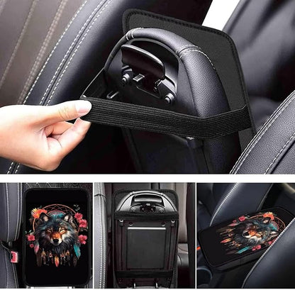 Dreamcatcher Wolf Floral Print Car Center Console Cover,Universal Armrest Cover Pads for Most Cars,SUV