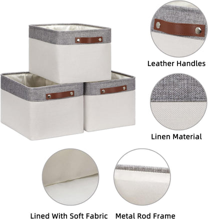 HNZIGE Large Storage Baskets for Shelves(3 Pack) Fabric Storage Toy Baskets with Handles, Decorative Foldable Storage Bins for Organizing (Gray&White-Leather Handles, 15"x11"x9.5")