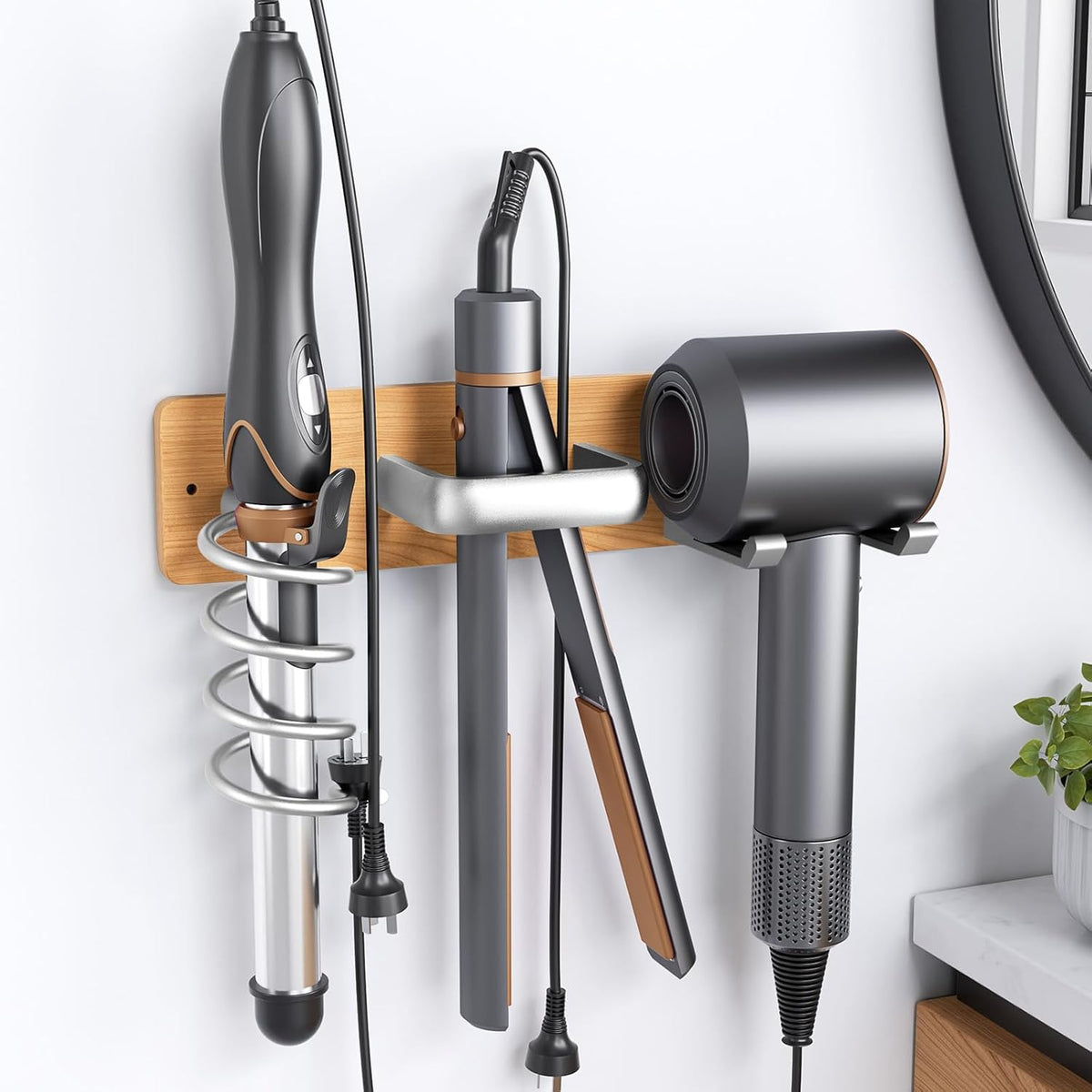 Tindbea Hair Dryer Holder Curling Iron Holder Flat Iron, Blow Dryer Holder Wall Mount, 3 in 1 Bathroom Hair Tool Organizer Rack for Universal Dryer, Cherry Wood Silver Color
