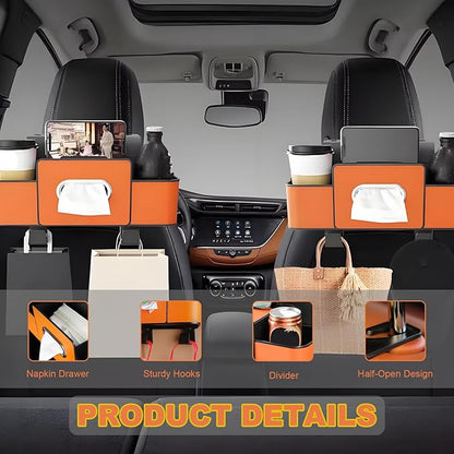 Car Back Seat Organizer, Multifunctional Car Seat Back Storage Box with 2 Cup Holders, Tissue Box for Hold Phones,Snacks, Drinks, Handbags (Brown)