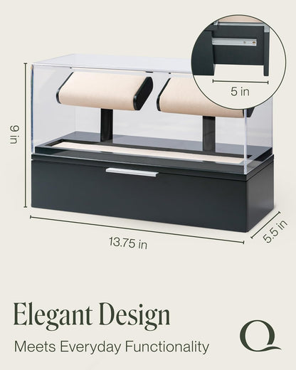 QWATCH Watch Stand Display Case - Acrylic Watch Box for 2 or 4 Watches with Jewelry Valet Tray and Drawer