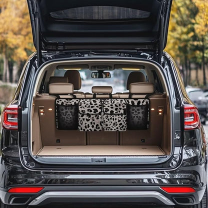 SEANATIVE Black Leopard Print Car Trunk Organizer, Hanging Trunk Organizer for SUV, Backseat Car Organizer with 4 Large Compartments, Car Accessories Interior, Space Saving Expert