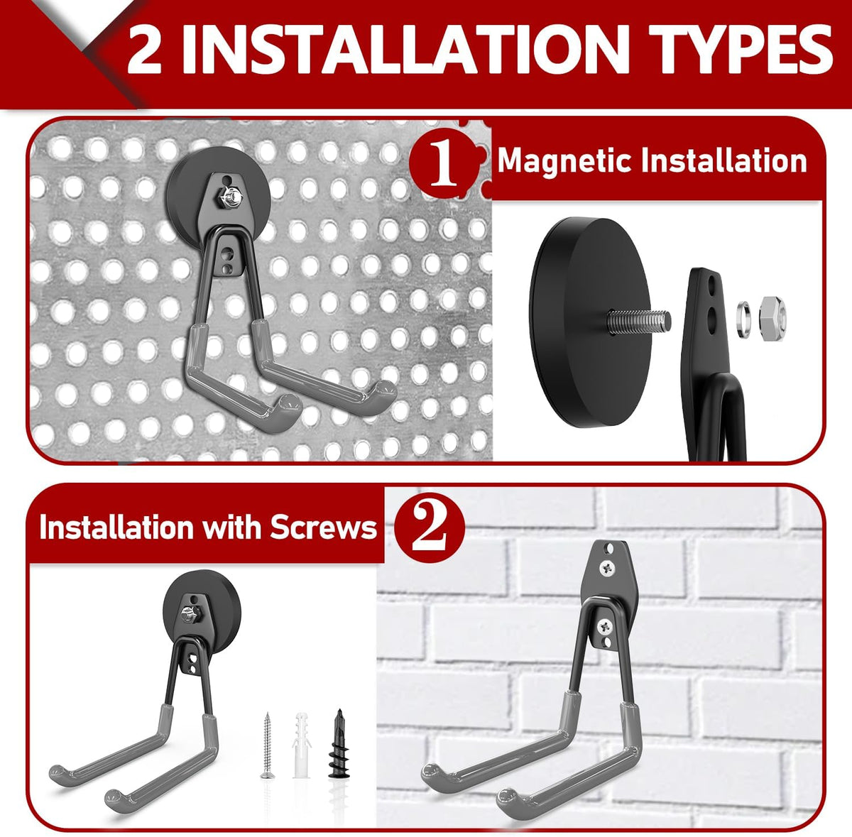 3-H Heavy Duty Magnet Garage Hooks 2 Pack, Extra Large Strong Magnetic Hooks for Hanging Cordless Power Drill, Utility Magnetic Tool Holder for Metal Cabinet, Steel Pegboard, Toolbox, Garage(Grey)