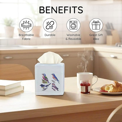 EmbroideryLinen.VN Tissue Box Cover Set of 2, Square Linen Tissue Holder, Printed Animal Pattern, 4.5x4.5x5.5 Inches, Decorative Holder for Bathroom, Living Room, Office (Four Birds)