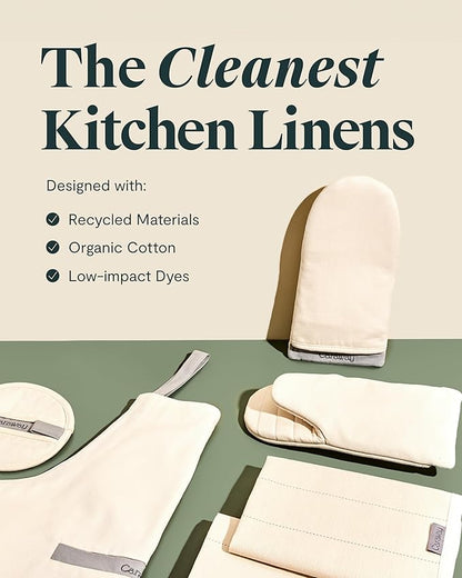 Caraway Linen Set - Apron, Pot Holders, Oven Mitts, & Tea Towels - 100% Organic Cotton - Durable, Machine Washable