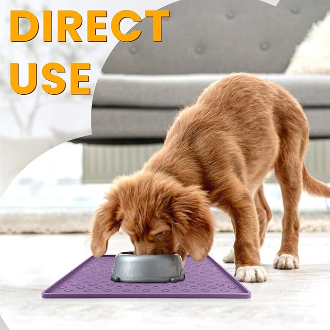 Ptlom Dog Food Mat Anti-Slip Bowl Mats for Food and Water, Waterproof Silicone Pet Placemat with High Raised Edges, Non-Slip Puppy Feeding Tray for Small, Medium Large Cats Dogs, Purple, 11.8"x11.8"