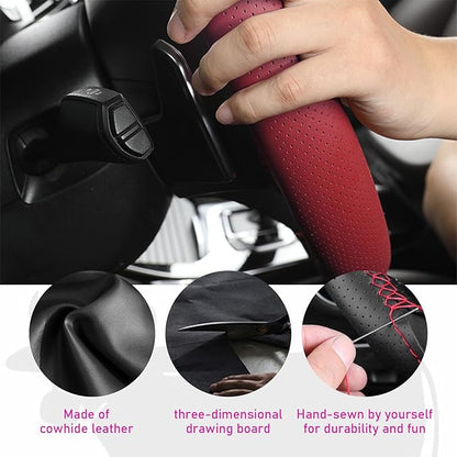 Ziciner Genuine Leather Steering Wheel Cover, Stitch on Wrap, Breathable Anti-Slip Car Steering Wheel Protector for Max Diameter 15 Inch, DIY Sewing with Needles Thread (Wine Red, Hole)