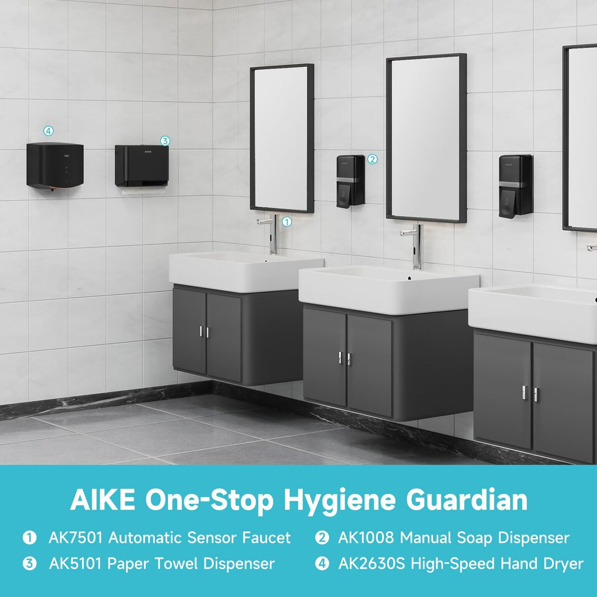 AIKE Wall Mount Liquid Soap Dispenser, 27oz Large Capacity with Extended Pump for Commercial Bathrooms(Black)