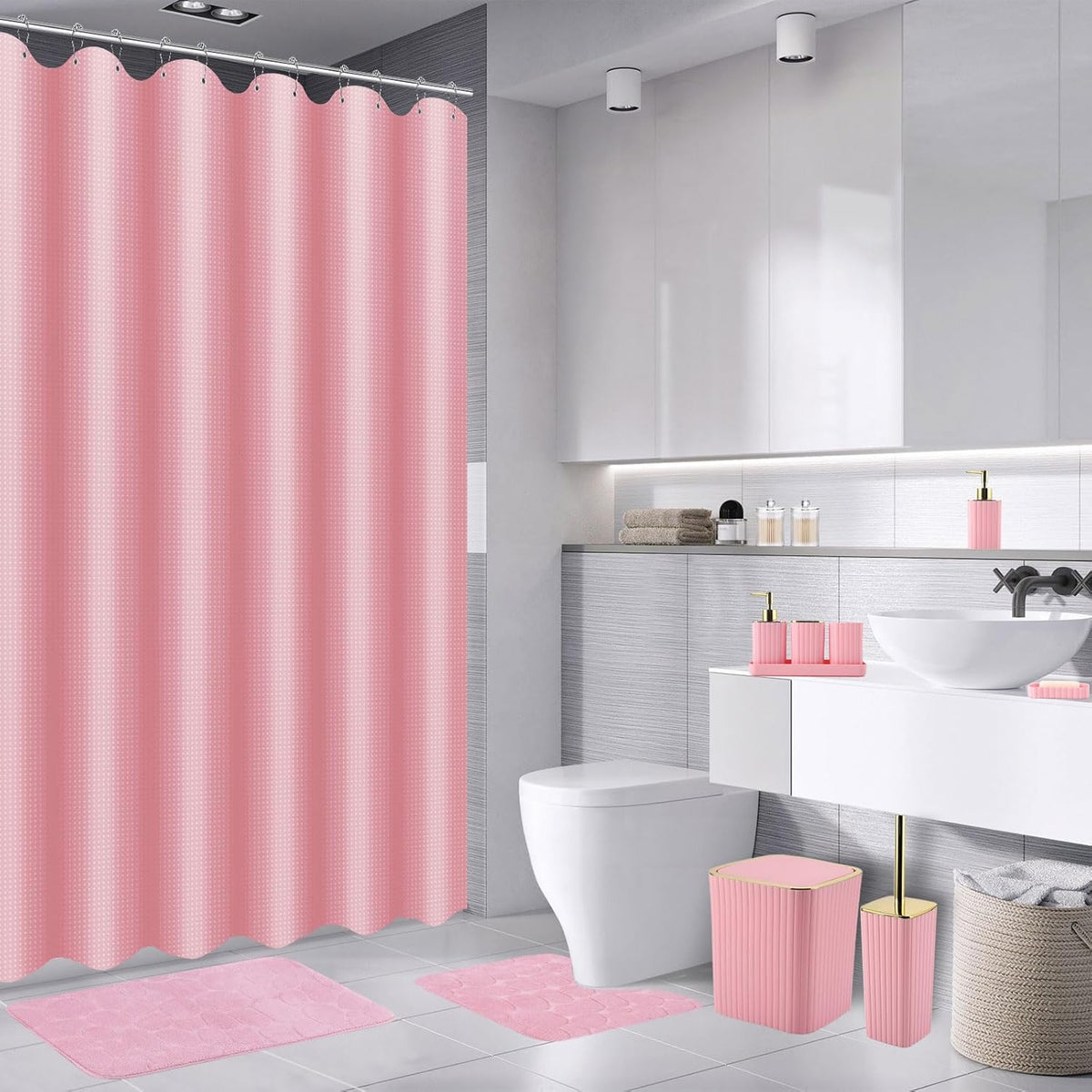 26PC Bathroom Accessories Set - Gorgeous Pink Bathroom Set, Bathroom Accessory Set, Pink Shower Curtain Set with Bathtub Mats for Shower Tub