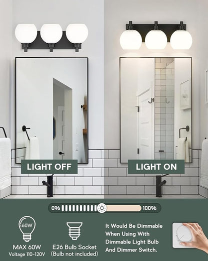 METWET Bathroom Light Fixtures, 3-Light Matte Black Vanity Light, Modern Wall