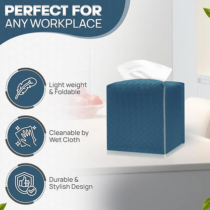 Tissue Box Cover Holder, PU Leather Tissue Box Cover with Braided Pattern, Square Tissue Holder with Bottom Belt, Modern Organizer for Bathroom, Car, Office, Tabletop (Ink Blue, 12 Braided Patterns)