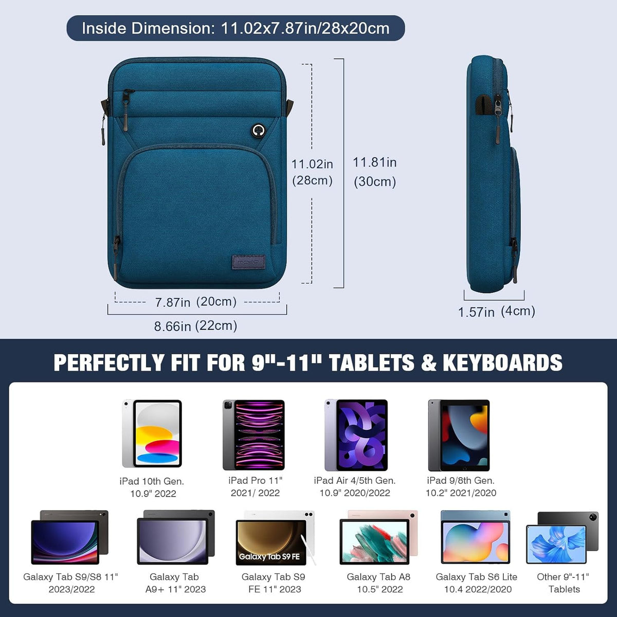 MoKo 9-11 Inch Tablet Sleeve Bag, Fits 11 inch iPad Air M3, iPad A16 2025, Pro 11 M4, iPad 10/9/8/7th, Tab S8/S9 11, Multifunctional Bag with Shoulder and Headphone Port,Peacock Blue