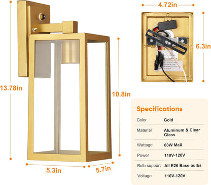 PARTPHONER Gold Dusk to Dawn Outdoor Lights for House Wall Mount, Sensor Exterior Lighting Fixtures set of 2, Anti Rust Wall Sconce Lamp, Waterproof Wall Lantern for Doorway, Garage, WTWL181AJ2