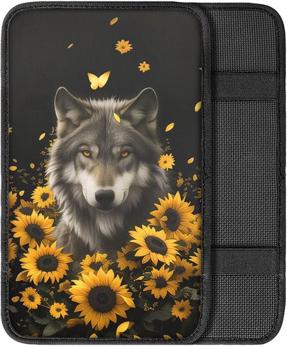 Wolf Sunflower Print Car Center Console Armrest Cover Scratch Proof Neoprene Armrest Cover Pad for Truck Sedan SUV, Universal Car Interior Decor Accessories