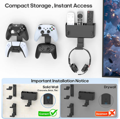 Controller & Headset & Remote Holder Wall Mount with No Drill, 2 Packs Gaming 4 Controllers Hanger Hook Mount for PS5/PS4/XBOX/Switch, Headphone Stand & Remote Control Holer Wall Shelf with Adhesives