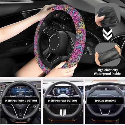 Elastic Car Steering Wheel Cover, Universal 15 inch Non-Slip Breathable Neoprene Steering Wheel Protector, Car Accessories for Women Men Fit Auto, Suvs, Truck Colorful Leopard Print