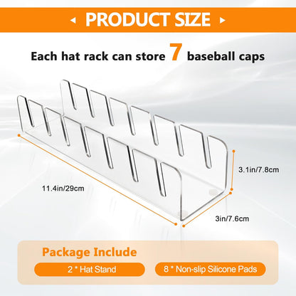 Baseball Caps Hat Stand & Holder Organizer, Acrylic No-Install Rack Closet Display, Storage for 14 Caps (2 Pack)