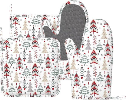 Christmas Trees Oven Mitts and Pot Holders Set, 4pcs Silicone Winter Snowflake Pattern Oven Glove for Kitchen Heat Resistant Christmas Oven Mitts and Potholders Non-Slip for Cooking