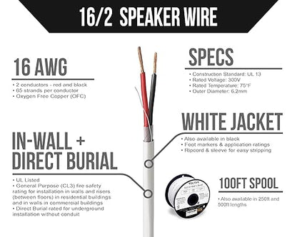 Voltive 16/2 Speaker Wire, in-Wall CL3 & Direct Burial, 100ft
