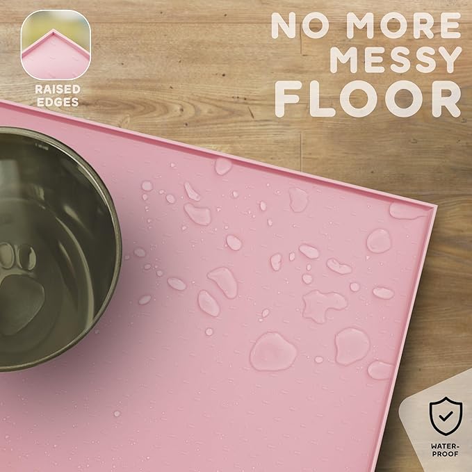 Dog Food Mat - 24x15 Raised Edges Dogs Mat for Food and Water Prevent Spill, Waterproof Cat Food Mats Protect Floors, Easy Clean Dog Bowl Mats for Food and Water, Silicone Pet Feeding Placemats Pink