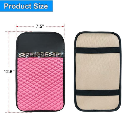 Bling Leather Car Center Console Cover, Car Center Console Protector With Glossy Crystal Rhinestone, Universal Waterproof Car Armrest Seat Box Cover For Most Car, Vehicles, SUVs, Trucks (Pink)