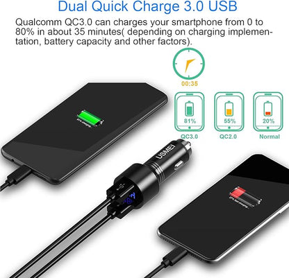 Car Charger, USMEI Quick Charge 3.0 Dual USB Charger Adapter with Voltmeter, Compatible with iPhone 15/14/13, Samsung S24/S23/S22/Note 20/10 and More