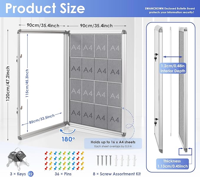 SWANCROWN Enclosed Bulletin Board 48x36in, Tamperproof Lockable Grey Felt Board