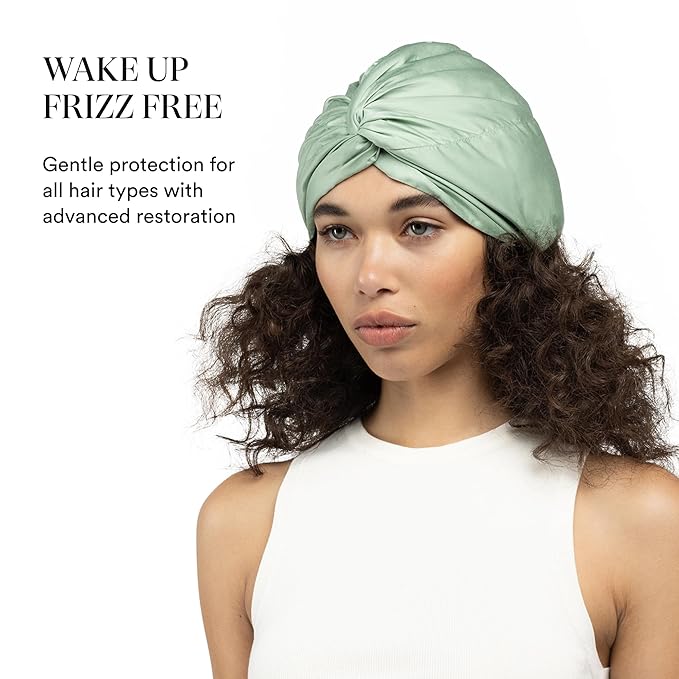Essentials by Clementine Organic Hair Bonnet in Match Point Green | Silver Ion Silk Lined Bamboo Sleep Cap for Frizz-Free, Curly Hair, and Scalp Health