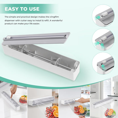 Magnetic Plastic Wrap Dispenser with Cutter - Quasziwa Upgrade Practical Refillable Cling Wrap Aluminum Tin Foil Organizer for Drawer, Include an Extra Roll of 12"X 164' Food Cling Film - Grey