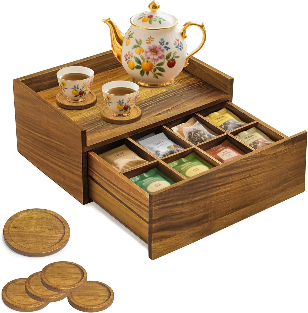 Idefair Acacia Wood Tea Box Organizer Storage Box with 5 Wooden Coasters, Tea Bags Organizer Chest Storage with Drawer, Tea Bag Box for Coffee Teabgs Countertop Display