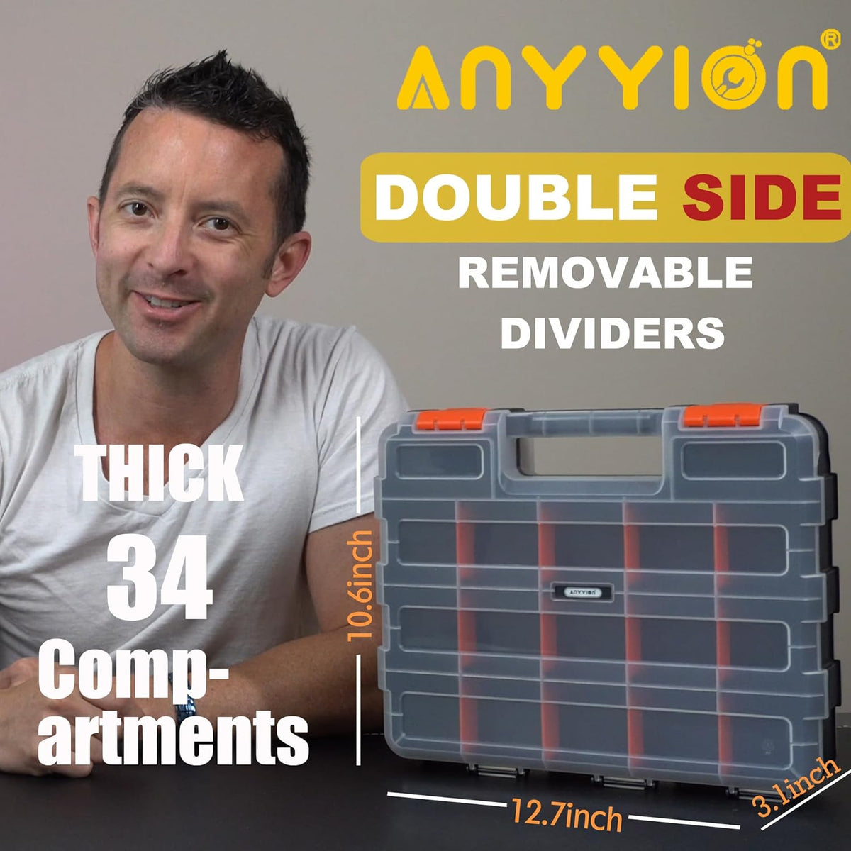 Anyyion Small Parts Organizer, 34-Compartments Double Side parts organizer with Removable Dividers for Hardware, Screws, Bolts, Nails, Beads, Jewelry. (2 Pcs, Orange)