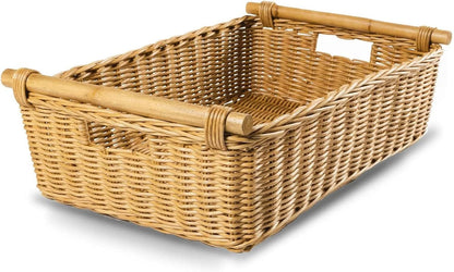 The Basket Lady Low Pole Handle Wicker Storage Basket, Extra Large, 21.5 in L x 14.5 in W x 6.5 in H, Sandstone