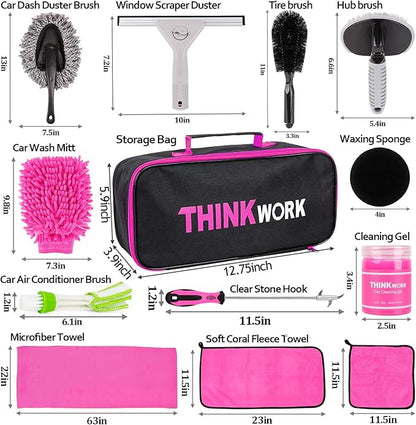 THINKWORK Pink Car Detailing Cleaning Kit, Car Wash Kit, Car Accessories for Women Suitable for Small and Medium Vehicles Such As Cars, Trucks, Suvs(17pcs)