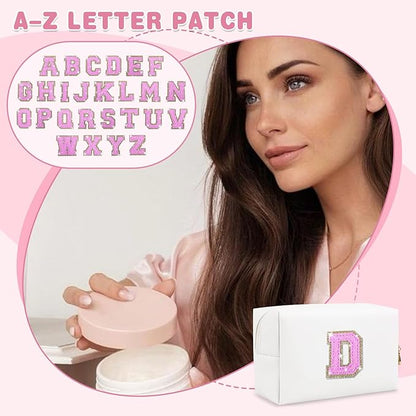 Small Initial Patch Makeup Bag Personalized Gifts Make Up Bag,White Cute PU Leather Glitter Letter Cosmetic Bag with Zipper,Trendy Portable Travel Toiletry Pouch,Preppy Stuff for Teen Girls Women D